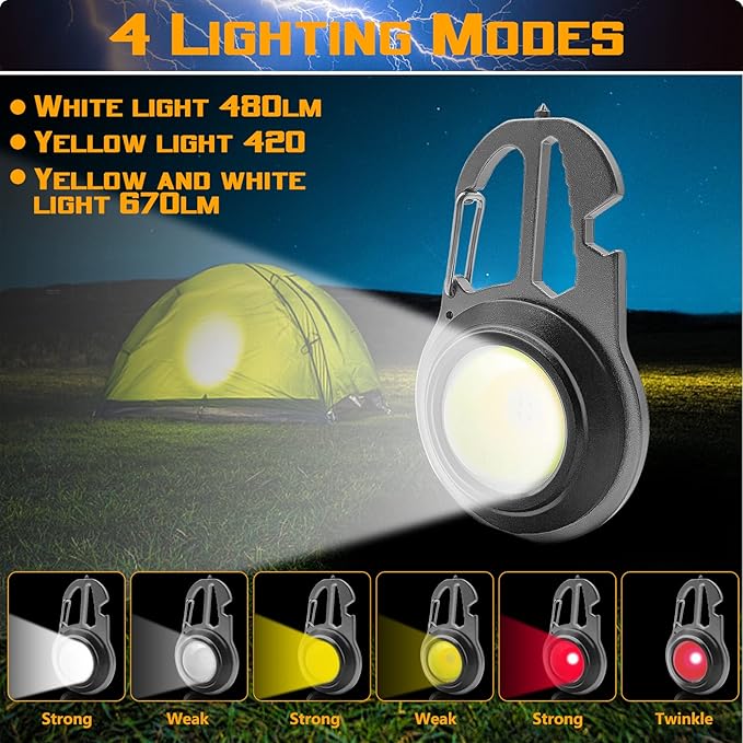 COB Small Flashlights, Rechargeable Keychain Mini Flashlight 4 Modes Portable Pocket Light with Bottle Opener Hook Window Breaker Wrench Screwdriver Function for Fishing Camping Walking