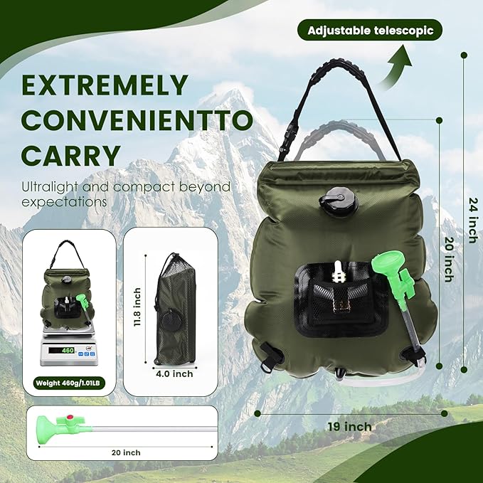 Solar Shower Bag, Portable Solar Shower for Camping, 5 Gallons/20L Camping Shower Bag with Removable Hose and On-Off Switchable Shower Head, Portable Shower for Camping, Hiking, Beach Swimming