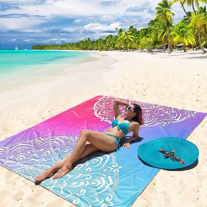 Beach Blanket, Wateresistant Sandproof Sand Free Beach Mat with Corner Pockets Portable Bag for Beach Festival,Picnic,Travel and Outdoor Camping Activties (Gradiant-Mandarin)