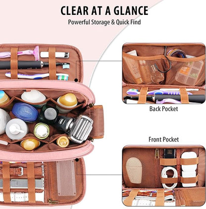 Travel Toiletry Bag for Women, Large Hanging Toiletries Organizer Bags for Men, Cruise Ship Essentials, Water-resistant Shaving Case, PU Leather Makeup Accessories, Cosmetic Dopp Kit, Pink