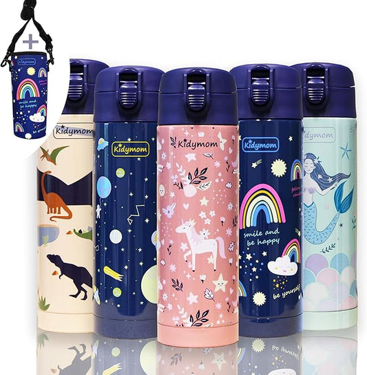 Stainless Steel Water Bottle Kids 12 oz With Carrying Pouch| Insulated Water Bottle For Kid, Toddler, Girls, Boys or Teen | Leakproof, BPA-Free | Little Metal Tumbler for School | Rainbow Girl