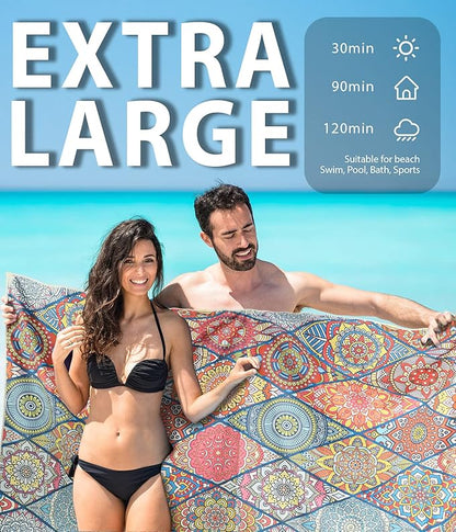 Microfiber Beach Towel – Quick Dry Lightweight Sand Free Oversized Large Towel Accessories Travel Must Swim Pool Yoga Camping Summer Cruise Ship Essentials Compact Sandproof Gift Bohemia(71" 32")
