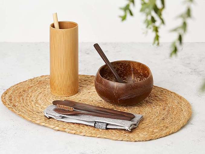Jungle Culture® Premium Wooden Travel Utensils • Knife, Fork, Spoon, Straw, Case • Eco Friendly Alternative to Bamboo Cutlery • Coconut Bowls Zero Waste Reusable Flatware • Portable Camping Picnic Set