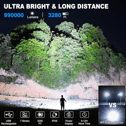 Rechargeable Flashlights High Lumens, 990,000 Lumen Super Bright Powerful Flashlight with 7 Modes, Waterproof Led Flash Light for Home Camping Hiking