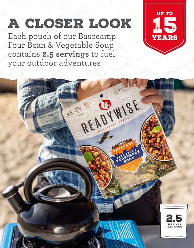 READYWISE - Adventure Meal, Bean & Vegetable Soup, 2 Servings, Pack of 1, Emergency Preparedness, Freeze Dried Food, MRE, Snack Pack or Emergency Food, Backpacking, Camping, Hiking, and, Survival Food