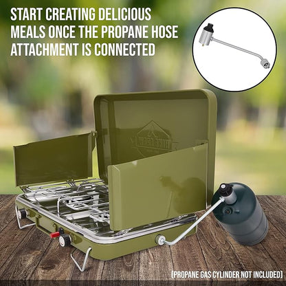 Hike Crew Gas Camping Stove | 20,000 BTU Portable Propane 2 Burner Stovetop | Integrated Igniter & Stainless Steel Drip Tray | Built-in Carrying Handle, Foldable Legs, Wind Panels | Includes Regulator