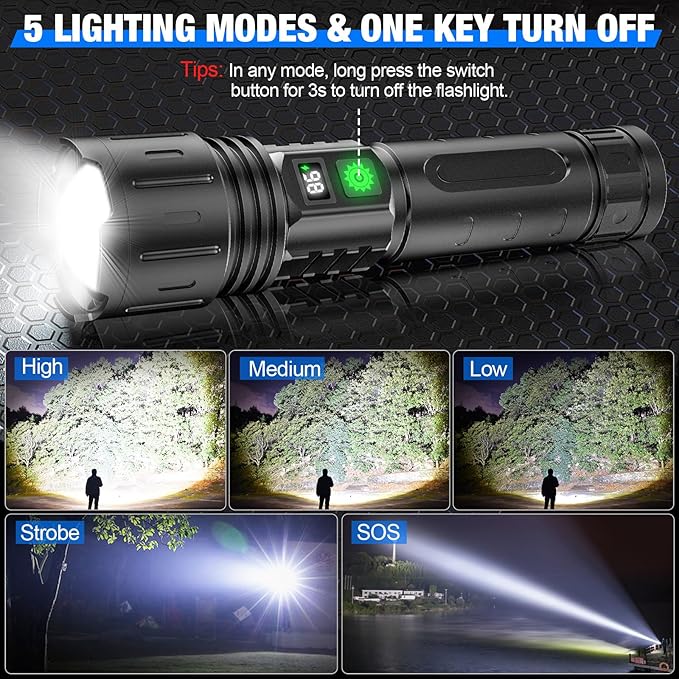 LED Flashlights High Lumens Rechargeable, 100000 Lumens Super Bright Powerful Flashlight, Type-C, 5 Modes, Zoomable, IPX5 Waterproof High Powered Tactical Flash Light for Emergency Camping Hiking