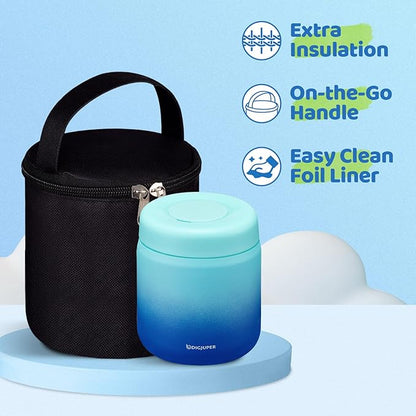 Thermo for Hot Food Adults & Kids, 17oz Insulated Lunch Soup Container, Wide Mouth Leak Proof Vacuum Stainless Steel Food Jar w/Insulated Bag & BPA-Free Folding Spoon for Office Outdoors
