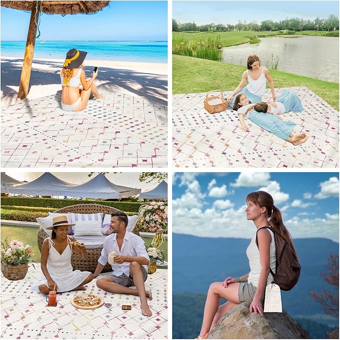 Boho Moroccan Beach Blanket Sandproof, Large 78"×86" Beach Mat Sand Free Waterproof Fits Up to 4 Adult, Compact Quick Dry Polyester Outdoor Picnic Blanket with Stakes for Travel, Camping, Hiking