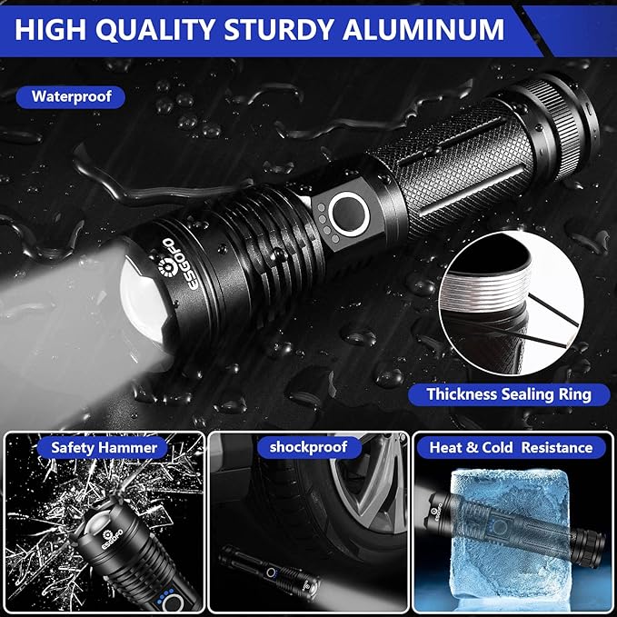 Esgofo Flashlights High Lumens Rechargeable,1000000 Lumens Super Bright Handheld LED Flash Light,Powerful Emergency Linternas, Waterproof, Long Lasting, for Hiking Camping Gift