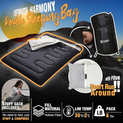 Double Sleeping Bag with Pillow for Adults - Queen Size Two Person Sleeping Bag - 3 Season Cold Weather Camping Sleeping Bag