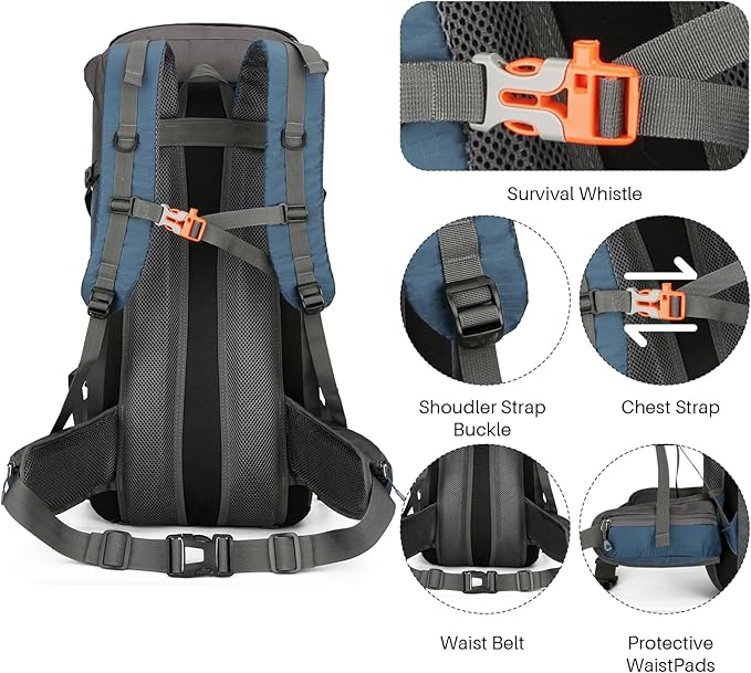 OKYUK 70L Hiking Backpack, Camping Hiking Back Pack, Water Resistant Lightweight Mountain Climbing Bag, Outdoor Camping Sport Daypack with Rain Cover, for Travel, Touring, Cycling (Navy Blue, 70L)