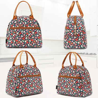 FlowFly Insulated Lunch Bag for Women, Men, and Kids, Large and Reusable, Handle, Freezable Work and School Travel Tote and Meal Prep Organizer, Waterproof Polyester,Floral