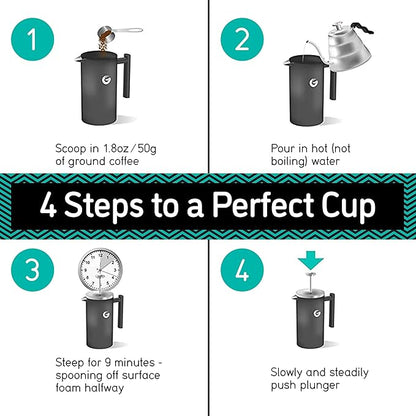 Coffee Gator French Press Coffee Maker 34oz, Double Insulated Stainless Steel Brewer plus Travel Jar Canister, Portable Hot Cold Brew Teapot Cafetera for Coffee Bar Accessories Kitchen Camping, Silver