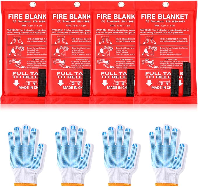 4 Sets Fire Blankets Emergency for Home Kitchen, Large Fiberglass Fire Suppression Blanket with Gloves Flame Retardant Survival Safety Blanket for Fireplace Office Warehouse Car Camping (59 x 59 Inch)