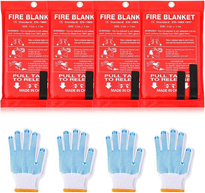 4 Sets Fire Blankets Emergency for Home Kitchen, Large Fiberglass Fire Suppression Blanket with Gloves Flame Retardant Survival Safety Blanket for Fireplace Office Warehouse Car Camping (59 x 59 Inch)