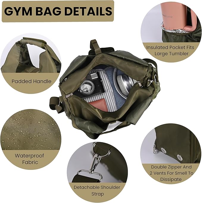 Yoga Bag for Women – 17 Inch Waterproof 210D Polyester, Detachable Strap, Insulated Tumbler Pocket, Double Zipper, Ventilated Gym Tote