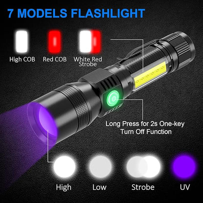 3-in-1 Super Bright Black Light Flashlight, 1200 Lumens, 7 Modes, Zoomable, IPX6 Waterproof, UV Light, Pet Clothing Detection, 2 Pack