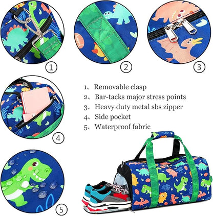 LOIDOU Duffle Bag for Boys Sport Gym Bag Kids Overnight Bag Girls Weekender Bag with Wet Pocket & Shoe Compartment (Dinosaur Navy)