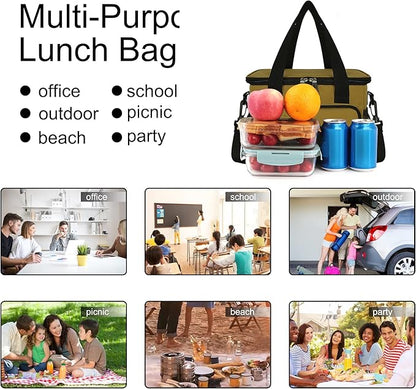 Femuar Lunch Bags for Women/Men, Insulated Lunch Bag for Work Office Picnic - Lunch Cooler Bag Leakproof Lunch Box with Adjustable Shoulder Strap - Khaki