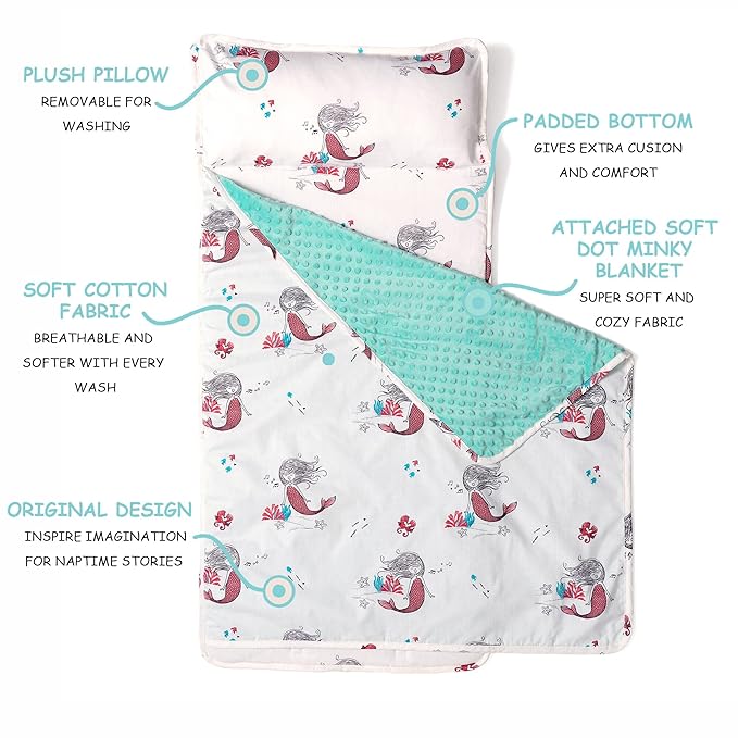 JumpOff Jo - Toddler Nap Mat - Sleeping Bag for Kids with Removable Pillow and Ultra Soft Blanket for Preschool, Daycare, and Sleepovers - Mermaids