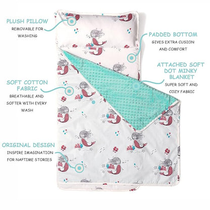 JumpOff Jo - Toddler Nap Mat - Sleeping Bag for Kids with Removable Pillow and Ultra Soft Blanket for Preschool, Daycare, and Sleepovers - Mermaids