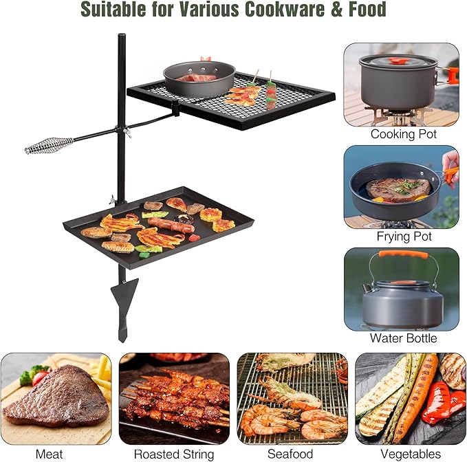 REDCAMP Swivel Campfire Grill Skillet Combo, Portable Heavy Duty Camping Grill Grate with Carrying Bag for Outdoor Fire pit Open Flame Cooking