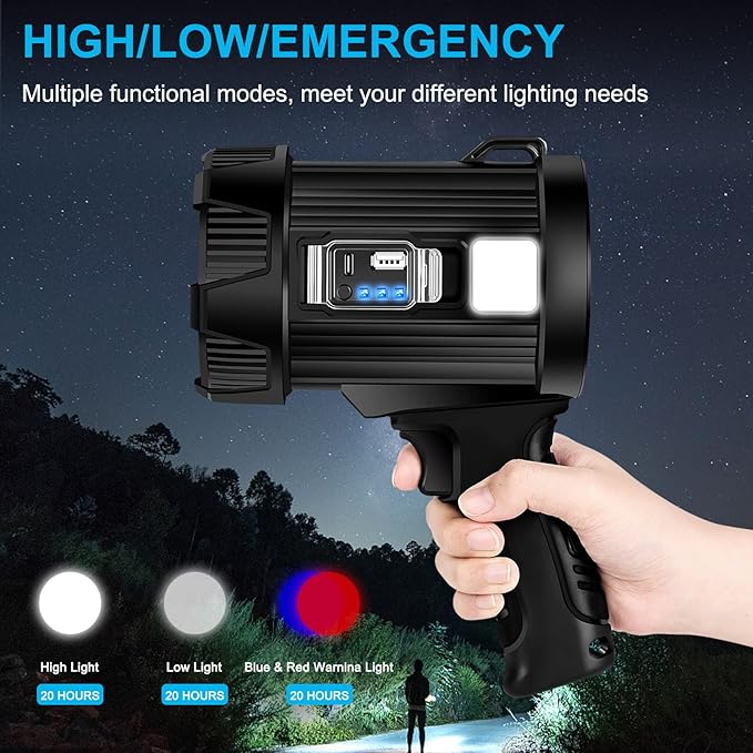 GRC Rechargeable Spotlight, 90000 Lumens Super Bright Handheld Spotlight Flashlight with Solar Panels, Led Spot Lights for Outdoor,Hunting,Camping,Boating