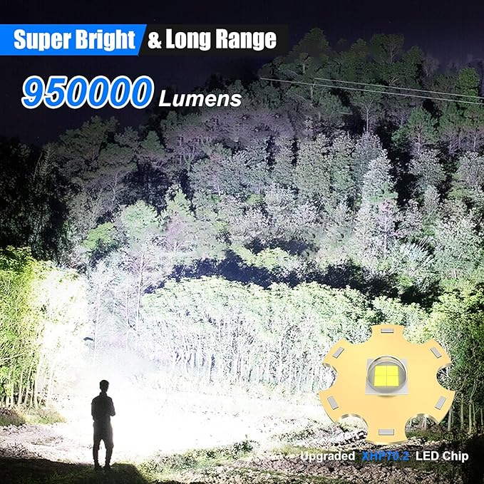 Goreit Flashlight High Lumens Rechargeable, 950000 Lumen Led Flashlights XHP70.2 USB Super Bright Flash Light Battery Powered, Powerful Handheld Flashlights for Emergencies Camping, IP67 Waterproof