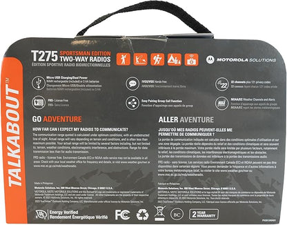 Motorola Solutions, Portable FRS, T275, Talkabout, Two-Way Radios, Rechargeable, 22 Channel, 25 Miles, Orange W/Black, 2 Pack