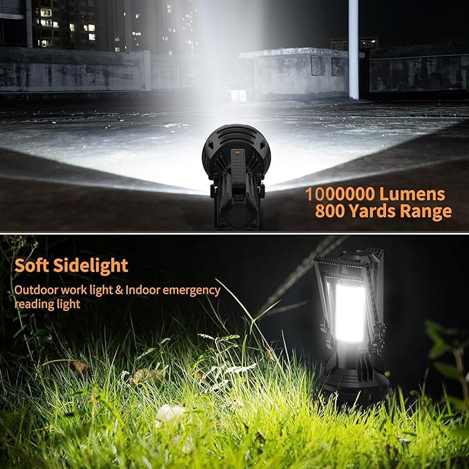 BUYSIGHT Rechargeable Spotlight Flashlight, 1000,000 lumens 600 Yards Range IP65 Waterproof Spot Lights Handheld Large searchlight with red Lens Side Flood Light Light USB C Recharge (Black Plus)