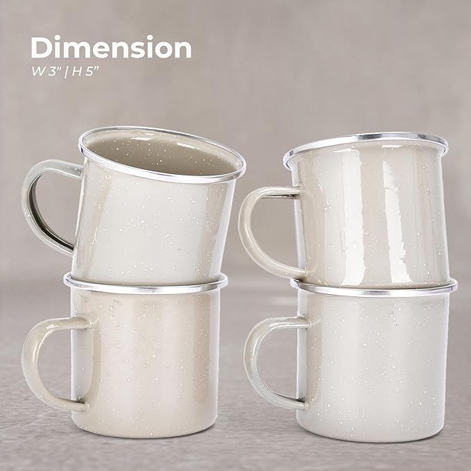 Libken Camping Mugs Enamel - 3x5x3-Inch Hot and Cold Beverage Coffee Mug - Set of 4 Enameled Steel Cups - Versatile Enamel Mugs with Comfortable Handle for Camping or Cozy Morning at Home - Beige