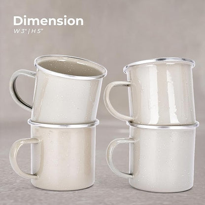 Libken Camping Mugs Enamel - 3x5x3-Inch Hot and Cold Beverage Coffee Mug - Set of 4 Enameled Steel Cups - Versatile Enamel Mugs with Comfortable Handle for Camping or Cozy Morning at Home - Beige