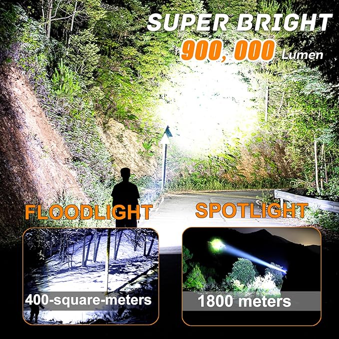 Rechargeable LED Flashlights High Lumens, 900,000 Lumens Tactical Flashlights, Super Bright High Powered Flash Light 5 Modes & 12H Long Runtime for Emergencies, Camping, Dog Walking