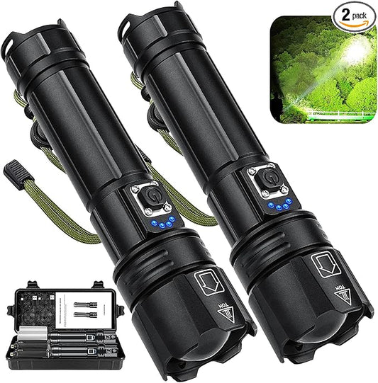 Led Brightest Flashlights High Lumens Rechargeable, 990,000 Lumens Super Bright Flashlight High Powered Flashlights, Waterproof Flash Light with Cases for Emergency Camping (2PCS)