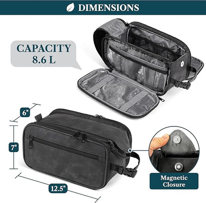 PAVILIA Large Toiletry Bag for Men Women, Mens Travel Bag Toiletries Organizer Case for Grooming, Travel Essentials Shaving Dopp Kit, PU Leather Water Resistant Cosmetic Pouch, Black