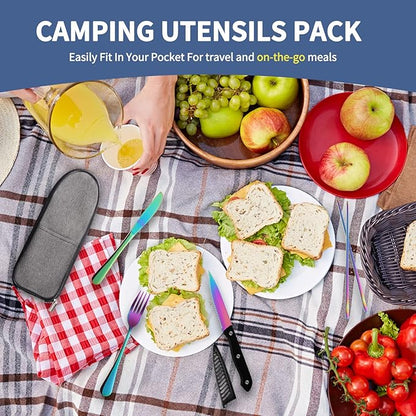 Portable Travel Utensils Set,Reusable Utensils,Travel Camping Cutlery Set,Stainless Steel Flatware Set with Case,Lunch Boxes Workplace Camping School Picnic (Rainbow)