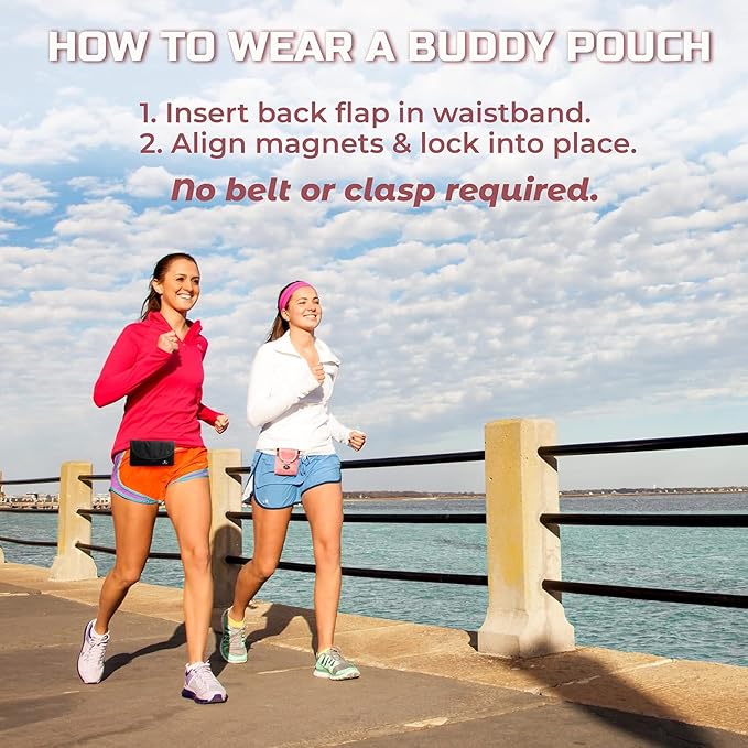 Running Buddy Magnetic Buddy Pouch, Beltess, Chafe and Bounce Free, Runners Fanny Pack, Phone Holder, Great for Running, Walking, Traveling & More, for Men & Women - 6-3/4” L x 4” W - Black and Pink