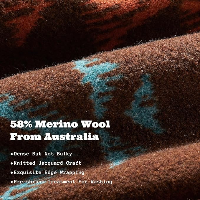 ACUSHLA Merino Wool Blanket - Soft Warm Thick Washable Large Throw Blanket for Camping Bed Couch Outdoor Travel All Weather, Navajo Style Brown 79X63