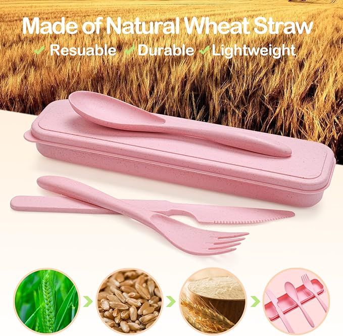 Reusable Travel Utensils Set with Case, 3 Sets Wheat Straw Portable Plastic Fork Spoons Knife Camping Cutlery, Eco-Friendly BPA Free Lunch Tableware for Kids Adults Travel Picnic Utensils