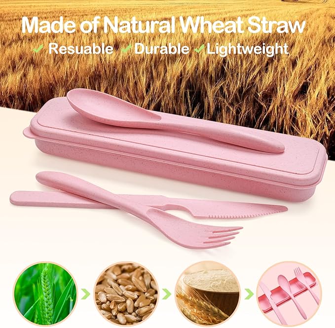 Reusable Travel Utensils Set with Case, 5 Sets Wheat Straw Portable Plastic Fork Spoons Knife Camping Cutlery, Eco-Friendly BPA Free Lunch Tableware for Kids Adults Travel Picnic Utensils