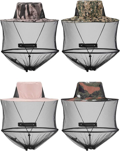 4 Pieces Mosquito Head Mesh Mosquito Cap Net Hat Face Cover with Zipper Foldable Fly Protection Netting Hat for Fishing Hiking Gardening, 4 Colors