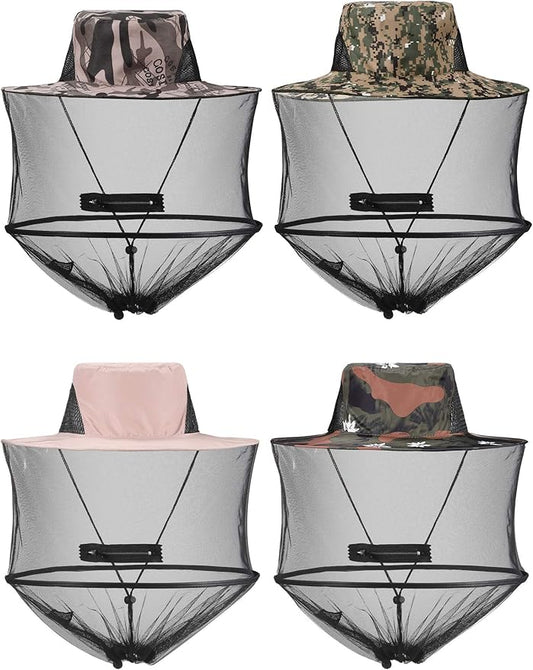 4 Pieces Mosquito Head Mesh Mosquito Cap Net Hat Face Cover with Zipper Foldable Fly Protection Netting Hat for Fishing Hiking Gardening, 4 Colors