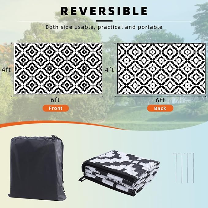 Favoyard Outdoor Rug 4x6 ft Waterproof Reversible Patio Plastic Straw Rugs for Decor Clearance Outside Large RV Camping Area Carpet Mat for Porch Deck Balcony Pool Backyard Picnic Beach Camper Door