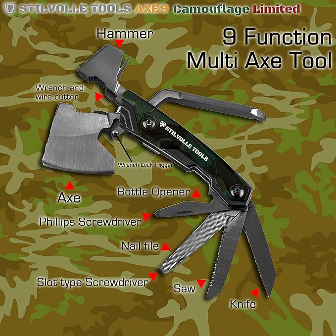 Axe 9 ax with 9-Featured Multi-Tool Hammer, Wrench, Wire Cutter, ax, Bottle Opener, Phillips Screwdriver, Flat-Blade Screwdriver, Nail File, Saw, Knife
