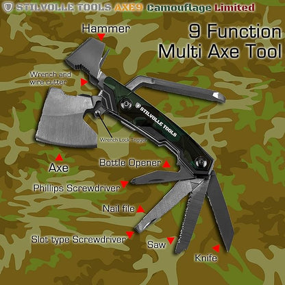 Axe 9 ax with 9-Featured Multi-Tool Hammer, Wrench, Wire Cutter, ax, Bottle Opener, Phillips Screwdriver, Flat-Blade Screwdriver, Nail File, Saw, Knife