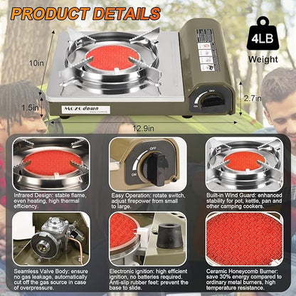 Dual Fuel Camp Stove, 8000 BTU Infrared Butane & Propane Portable Gas Stove, Windproof Single Burner with Carrying Case | Storage Bag | Hose Adapter, Outdoor Camping Essentials