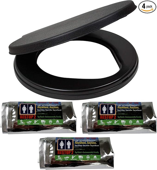 Portable Toilet Seat Lid Bundle with (3) Restop2 Disposable Toilet Bags - for Emergencies and Camping, fits 5 Gallon Bucket (Lid and 3 Restop2 Bags)