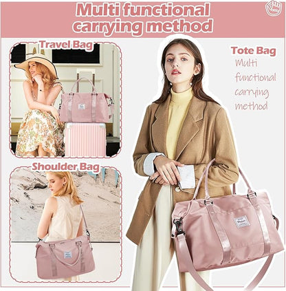 Pink Gym Bag with Wet Pocket, Foldable Travel Duffle Bag Carry On Weekender Bags for Women, Waterproof Overnight Bag for Travel, Gym, Yoga