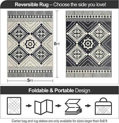 Waterproof Outdoor Rug 5x8ft, Boho Reversible Plastic Straw Mat for Patio RV Deck Porch Backyard Balcony Camping Picnic Beach Indoor Outdoor Carpet, Black&Beige